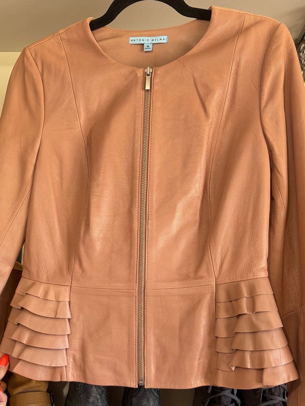ANTONIO MELANI tan Leather Zip Jacket with Ruffled Hem
